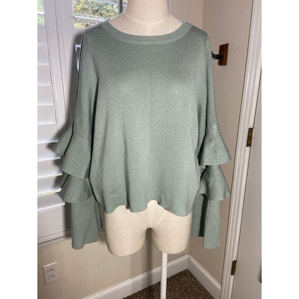 Romantic Ruffle Bell Sleeve Sweater L Sage Tiered Boxy Crop Earthy Fairycore